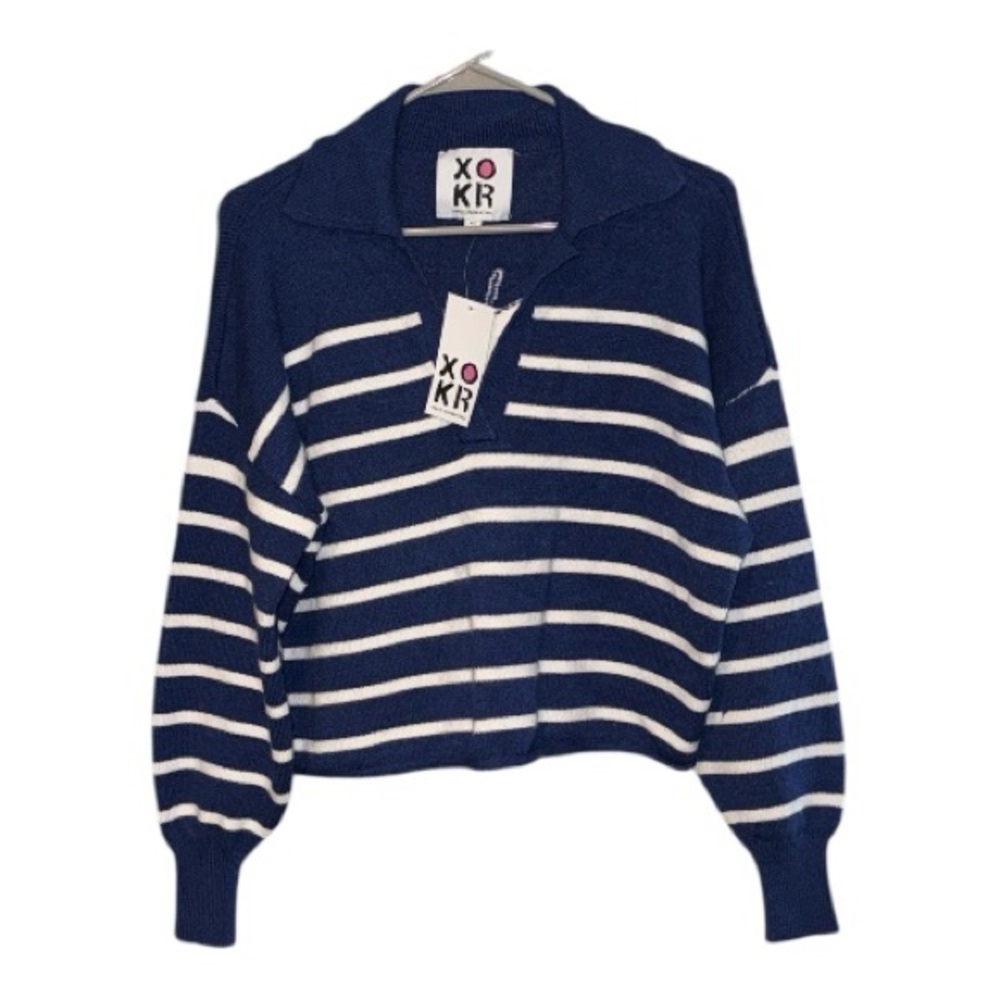 NEW $248 Kerri Rosenthal Heart Striped Polo Sweater Blue White Oversized XS